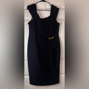 Donna Karan Cap Sleeve Ruffle Trim Sheath Dress Black Size 14